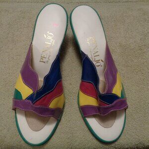 ITALIAN GIRL MULTI COLORS LEATHER WEDGE MULES 8 & 1/2